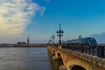 Bordeaux at Day Tramway Stone Bridge Saint-Michel Basilica and Garonne River