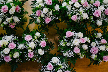 Top view selection of various colourful flowers displayed outdoors for wedding