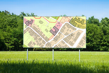 Advertising billboard with an imaginary General Urban Plan with indications of urban destinations buildable areas, land plot - NOTE: the map is totally invented and does not represent any real place © Francesco Scatena