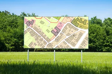 Fotobehang Advertising billboard with an imaginary General Urban Plan with indications of urban destinations buildable areas, land plot - NOTE: the map is totally invented and does not represent any real place © Francesco Scatena