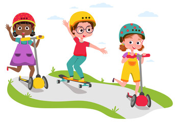 Girls, boys love to ride a skateboard, scooters.Vector cartoon illustration.
