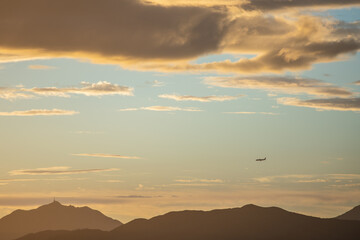Container ships in ocean, South China Sea, Sunset