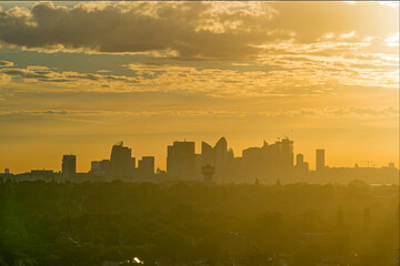 Panorama of La Defense District Skyline at Sunrise With Yellow Sky