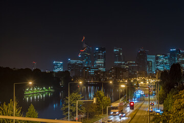 Road Traffic from La Defense Business District at Night Viewed From Above Paris Buildings