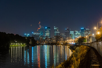 La Defense District Skyline and Seine River at Night With Crescent Moon