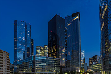 Blue Hour With Enlightened Towers at La Defense Business District at Sunset