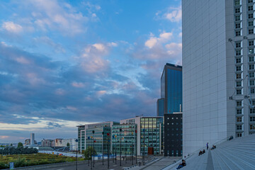 West of La Defense Business District From Grande Arche at Day With Clouds Pedestrians