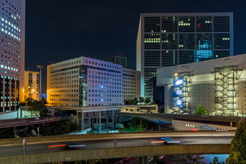 Buildings Towers and Road in La Defense Business District at Night