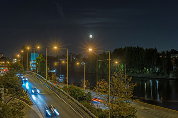 City Traffic in Paris at La Defense Business District Night