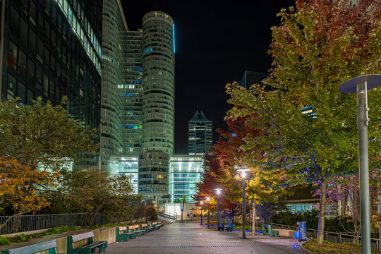 Narrow Driveway Going To The Towers Of La Defense Business District At Night