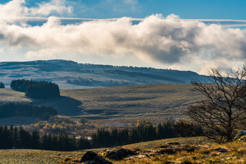 French Hills in Aubrac Mountains With Cloudy Sky Wind Nature