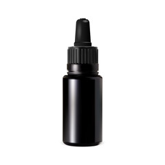 Cosmetic oil dropper bottle mock up. Black serum flask vector illustration. Fruit or herb essence oil container mockup. Natural apothecary aroma treatment vial. Eyedropper container, white background