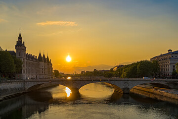 Summer Sunset Over Paris Historic Center With Seine River and Bridges