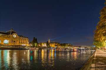 Romantic Night Scenery in Paris With Lights Reflections on Seine River and Eiffel Tower