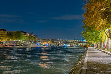 Romantic Scenery in Paris With Boats Cruises on Seine River Docks Trees and Bridges