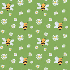 Seamless vector pattern with bee and flowers. Baby background for wrapping paper,  greeting cards, design.