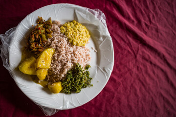 Tissa, Sri Lanka A typical Sri Lankan meal of rice and curried vegetables with potatoes served on a...