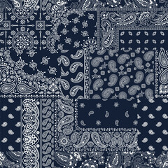 Blue bandana kerchief paisley fabric patchwork abstract vector seamless pattern  - 496146452