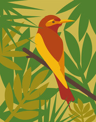 Orange, red, yellow tropicalbird on a branch in the leaves. Illustration. Icon, banner. Web. Print design. Green colors