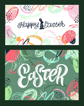 Happy Easter Day - cute lettering postcard. Easter template background. Pattern Background.