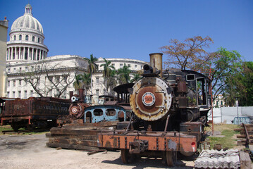 Havana, Cuba, April 10, 2010. Vintage locomotive exhibited next to the capitol