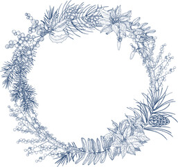 Obraz premium Decorative Wreath with Branches and Pine Cones or Round Frame