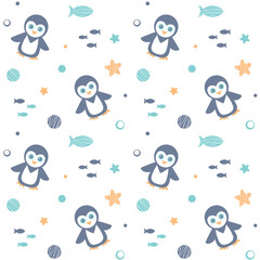 Cute penguins seamless pattern. Baby shower background. Vector illustration.