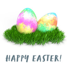 Happy Easter greeting card , colorfull, watercolour eggs on grass