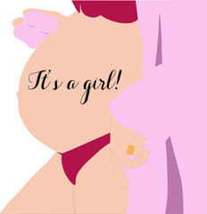 pregnancy. Beautiful pregnant woman holding baby socks. Postcard 