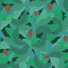 A walnut among a thicket of foliage. Abstract Green leaves and brown nuts. Watercolor seamless pattern on a dark green background.