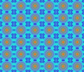 Orange circle pattern on blue background. Abstract Ikat fabric bye.