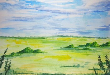 Watercolor landscape with green field 