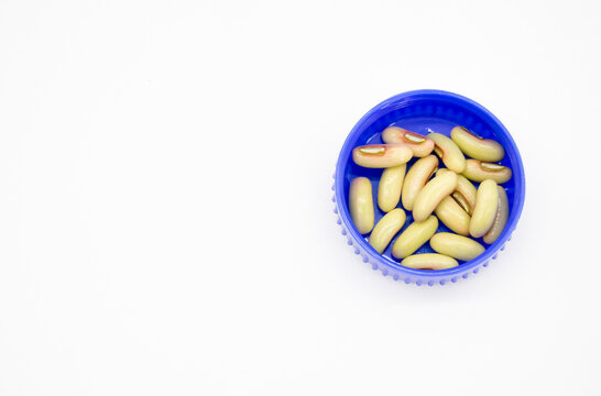 Yard Long Bean seed in bottle cap on white background, selective focus