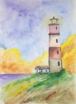 Watercolor lighthouse at the sunset