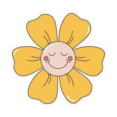 Cartoon vector flower character with face expression. Retro face with smile. Vintage sticker. Colorful funny emoji in groovy style
