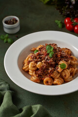 pasta bolognese on a dark green background