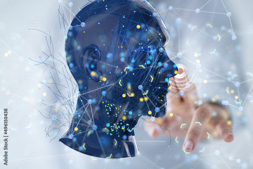 Poster Global network. Blockchain. 3D illustration. Neural networks and artificial intelligence. Abstract
