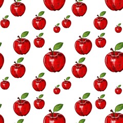 Seamless pattern with bright red apples on a white background. Idea for printing on fabric, wallpaper, clothes. Print for kitchen textiles. Printing for wrapping paper. Postcard print.