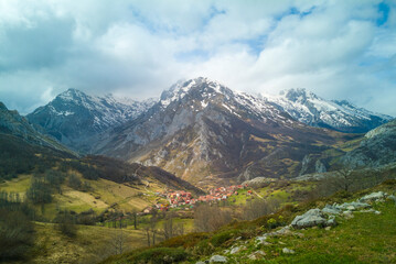 view of the town of Sotres, Picos de Europa, Asturias, Spain, famous for the manufacture of Cabrales cheese and the beautiful landscapes