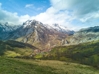 view of the town of Sotres, Picos de Europa, Asturias, Spain, famous for the manufacture of Cabrales cheese and the beautiful landscapes