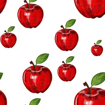 set of red apples. Seamless pattern with bright red apples on a white background. Idea for printing on fabric, wallpaper, clothes. Print for kitchen textiles. Printing for wrapping paper, postcard .