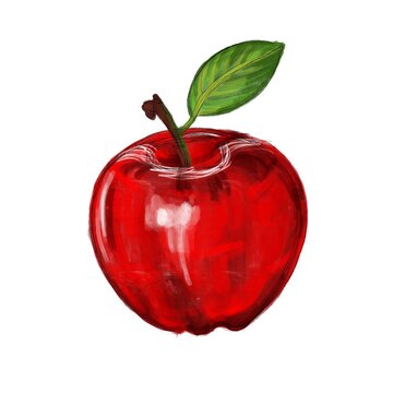 red apple with leaf. Illustration of a bright red apple. Illustration for kitchen, children's room, illustration for postcard, poster. Pattern for textiles.