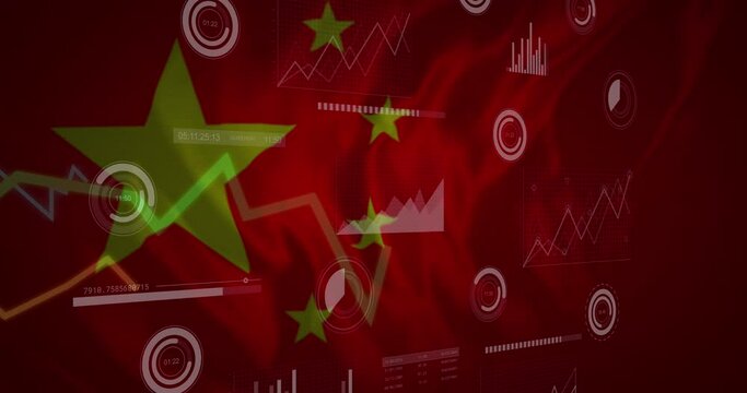 Animation of financial data and graphs over flag of china