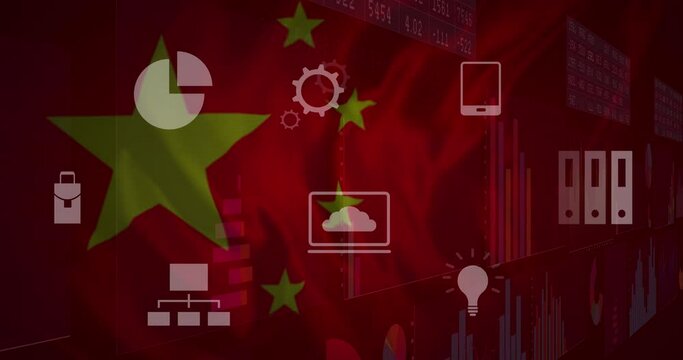 Animation of financial data and graphs over technology icons and flag of china