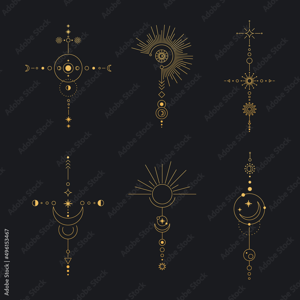 Poster set of moon and sun line art. minimal boho linear symbols. celestial mystic element. vector line art
