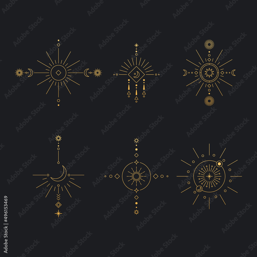 Poster set of moon and sun line art. minimal boho linear symbols. celestial mystic element. vector line art