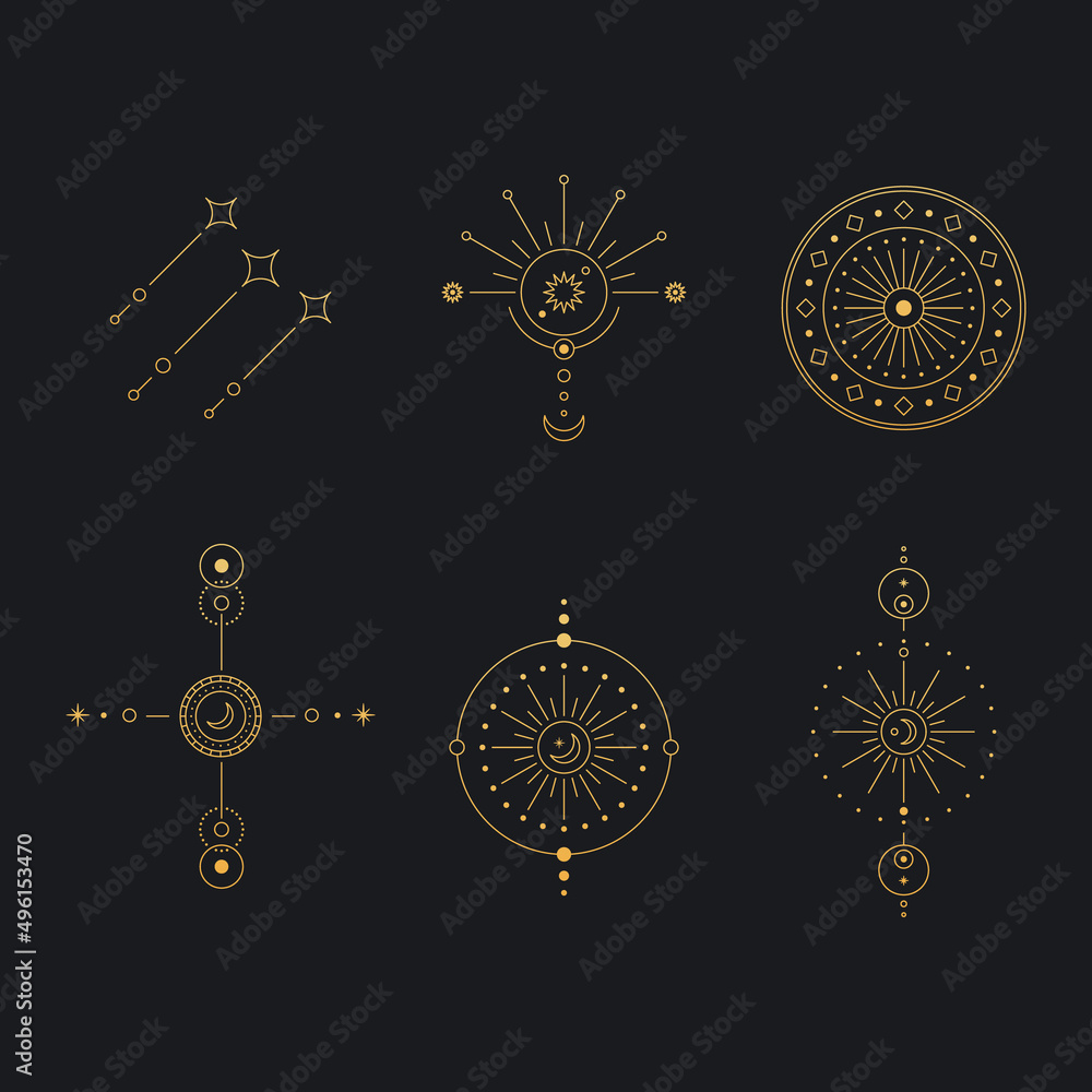 Poster set of moon and sun line art. minimal boho linear symbols. celestial mystic element. vector line art