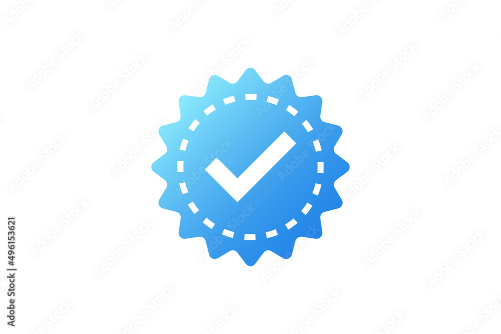 Poster verification icon. white check mark with circle dashed line and blue sparkle star sticker label isol