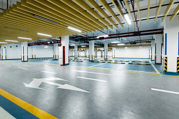 Empty underground parking lot with arrow sign