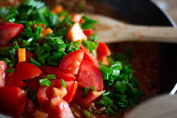 tomato with vegetables, cooking bolognese, fresh tomato cooking